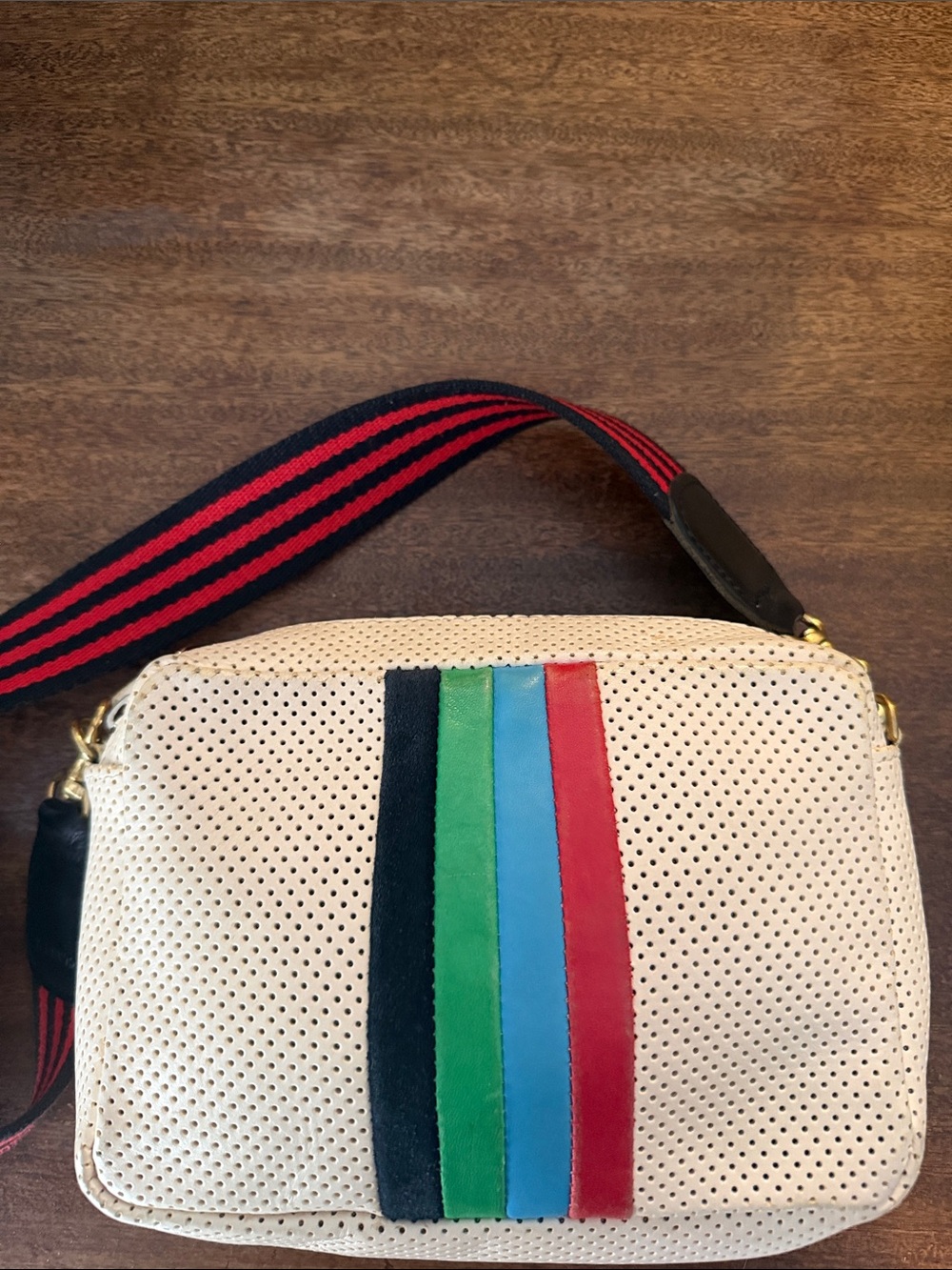 Cream Crossbody Bag with Multicolor Stripe and Red-Black Webbing Strap - Picture 3 of 9